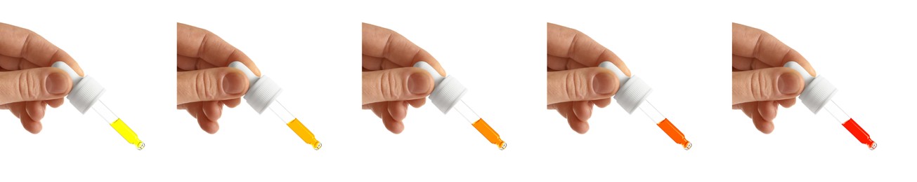 Image of Collage with women holding pipettes with different essential oils on white background, closeup. Banner design