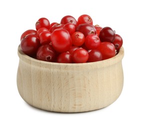 Photo of Wooden bowl of fresh ripe cranberries isolated on white