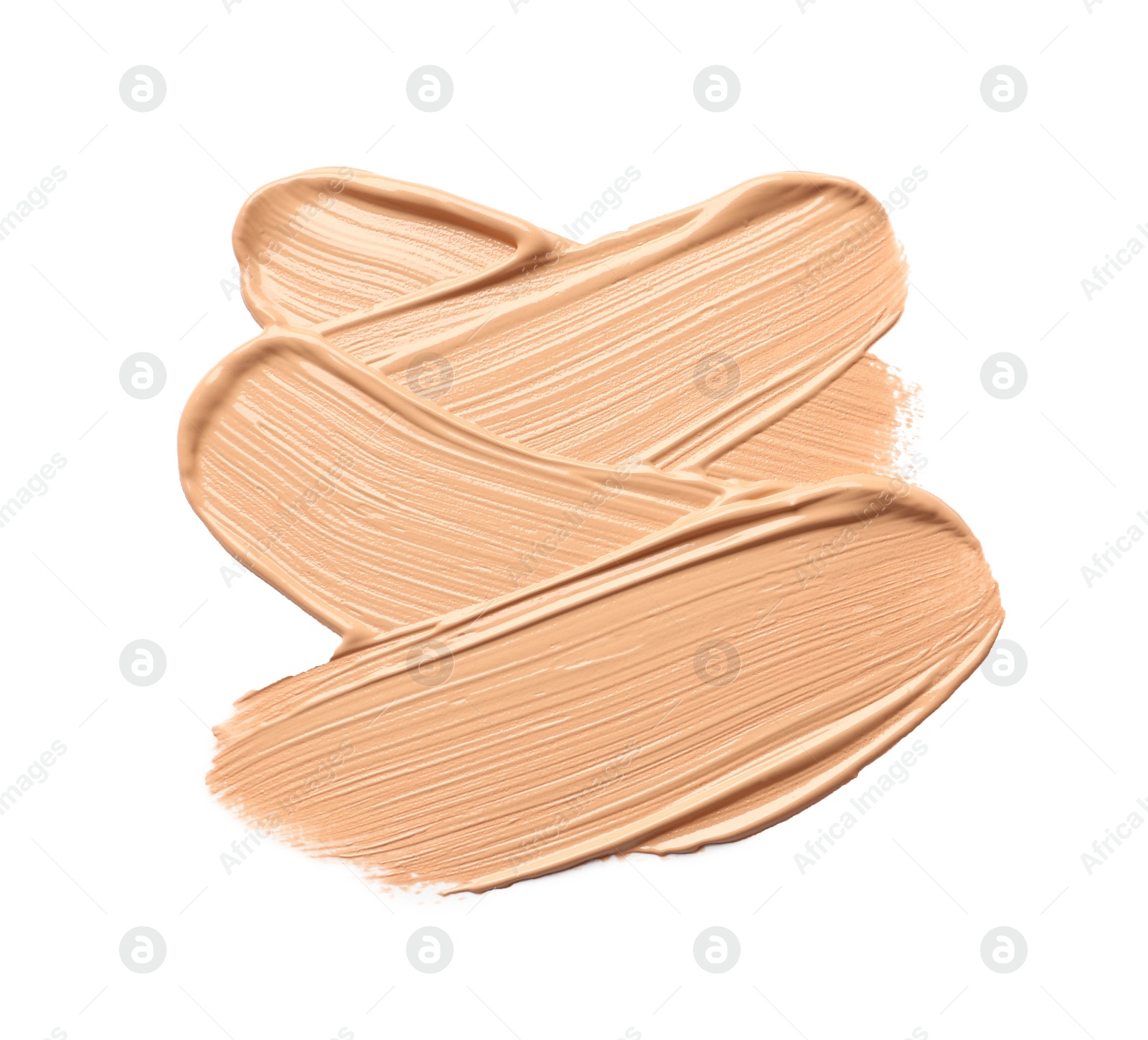 Photo of Sample of liquid skin foundation on white background, top view. Space for text