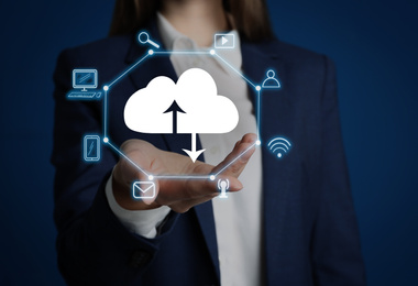 Image of Modern storage technology concept. Woman demonstrating image of cloud with icons on blue background, closeup