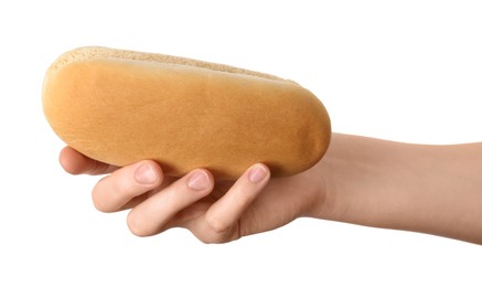 Photo of Woman with fresh hot dog bun on white background, closeup