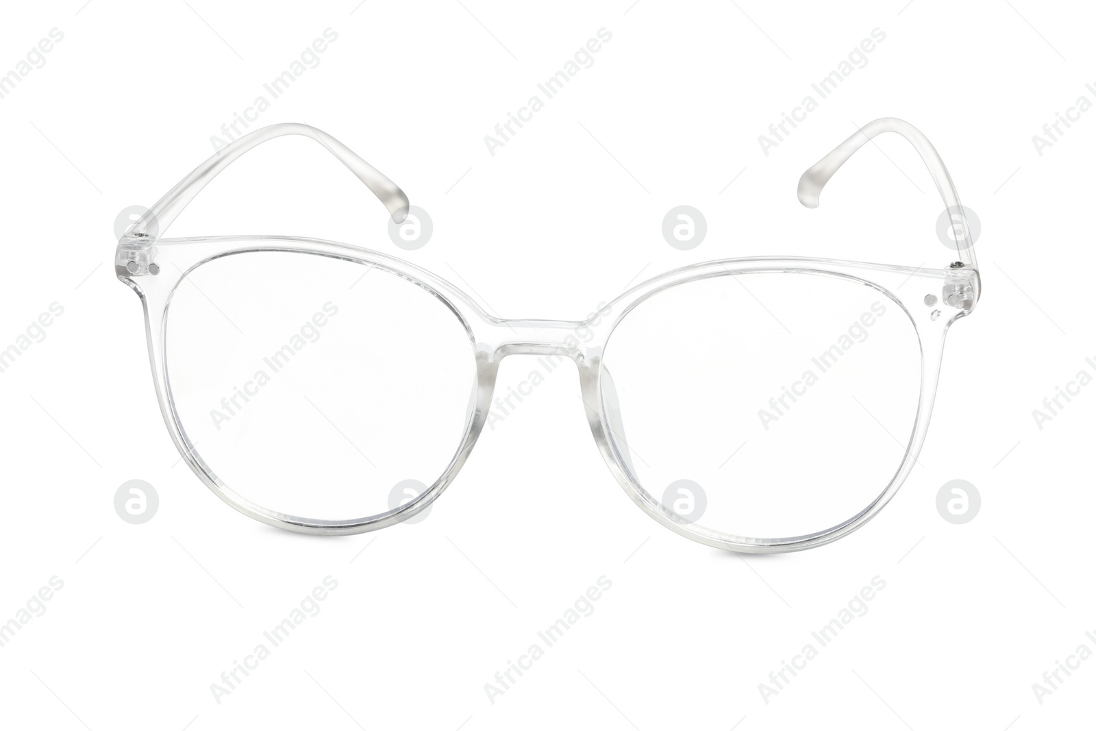 Photo of Stylish glasses with transparent frame isolated on white