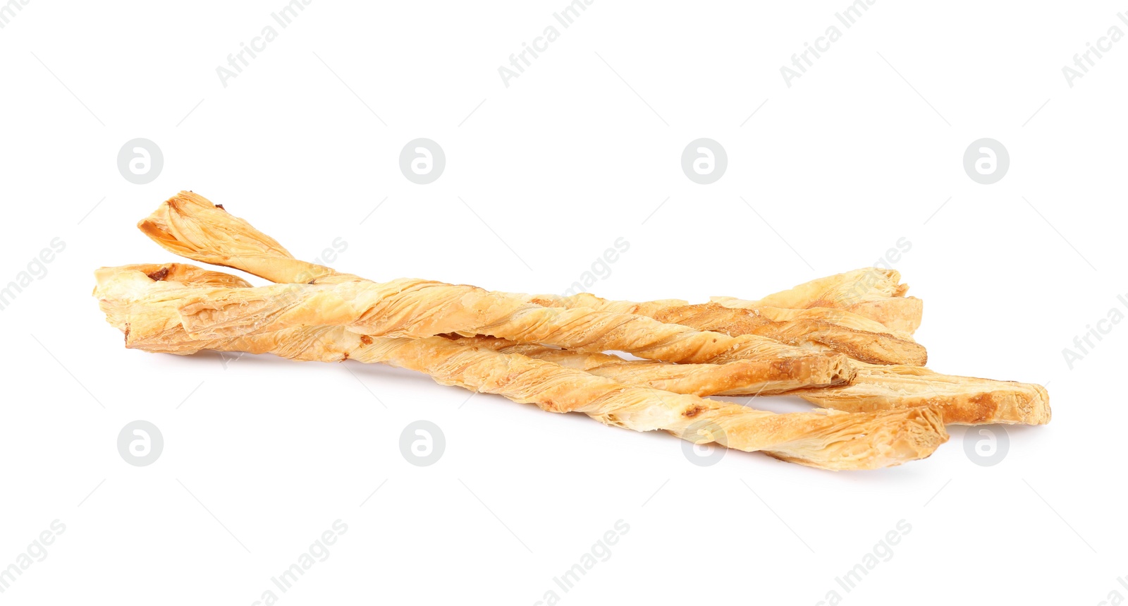 Photo of Delicious grissini isolated on white. Crusty breadsticks