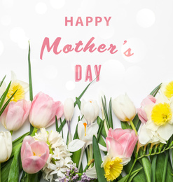 Image of Flat lay composition with beautiful spring flowers and phrase HAPPY MOTHER'S DAY on white background