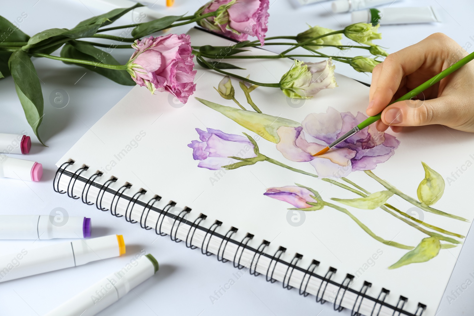 Photo of Woman painting eustomas in sketchbook at white table, closeup