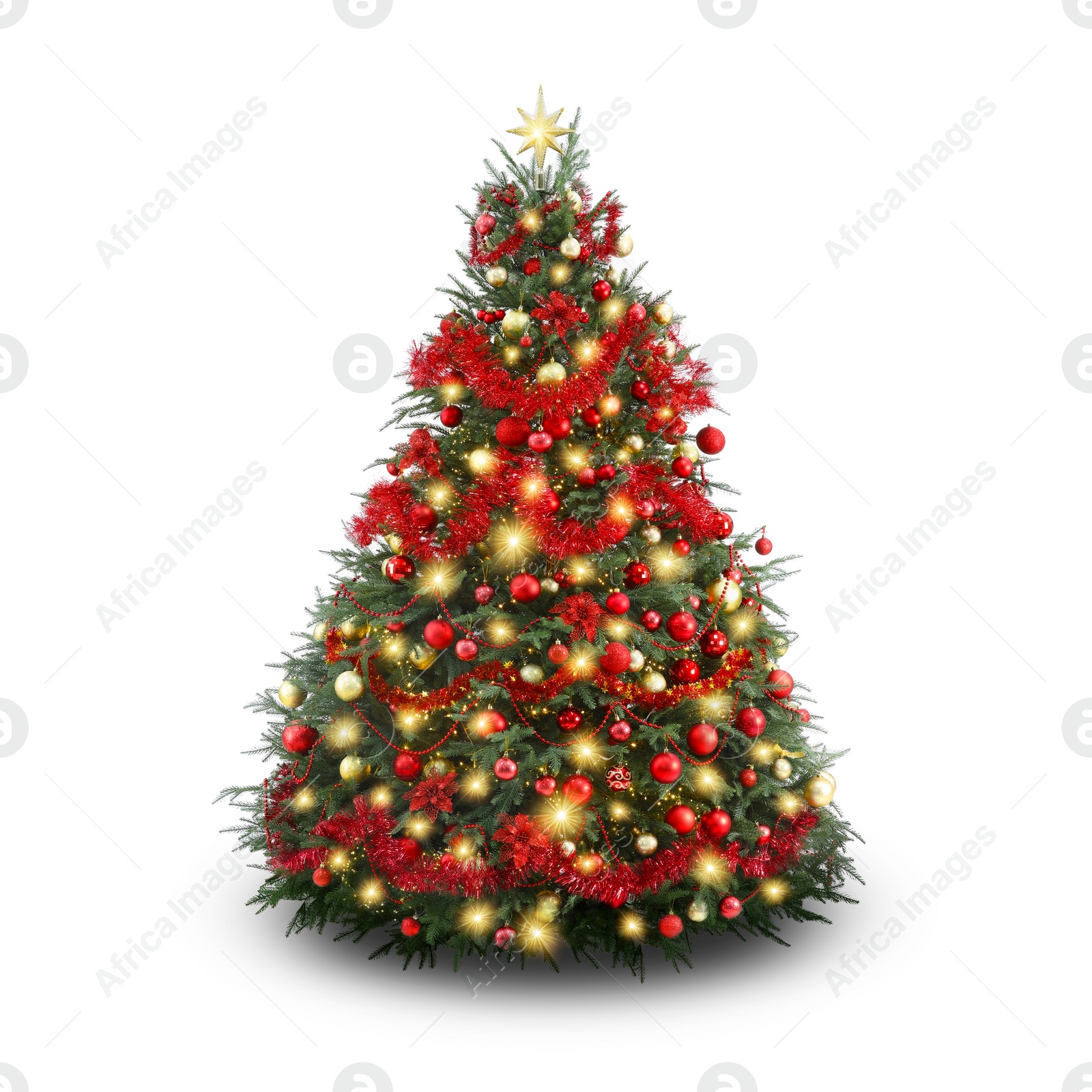 Image of Christmas tree decorated with ornaments and festive lights isolated on white