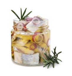 Photo of Tasty marinated fish with onion and rosemary in jar isolated on white