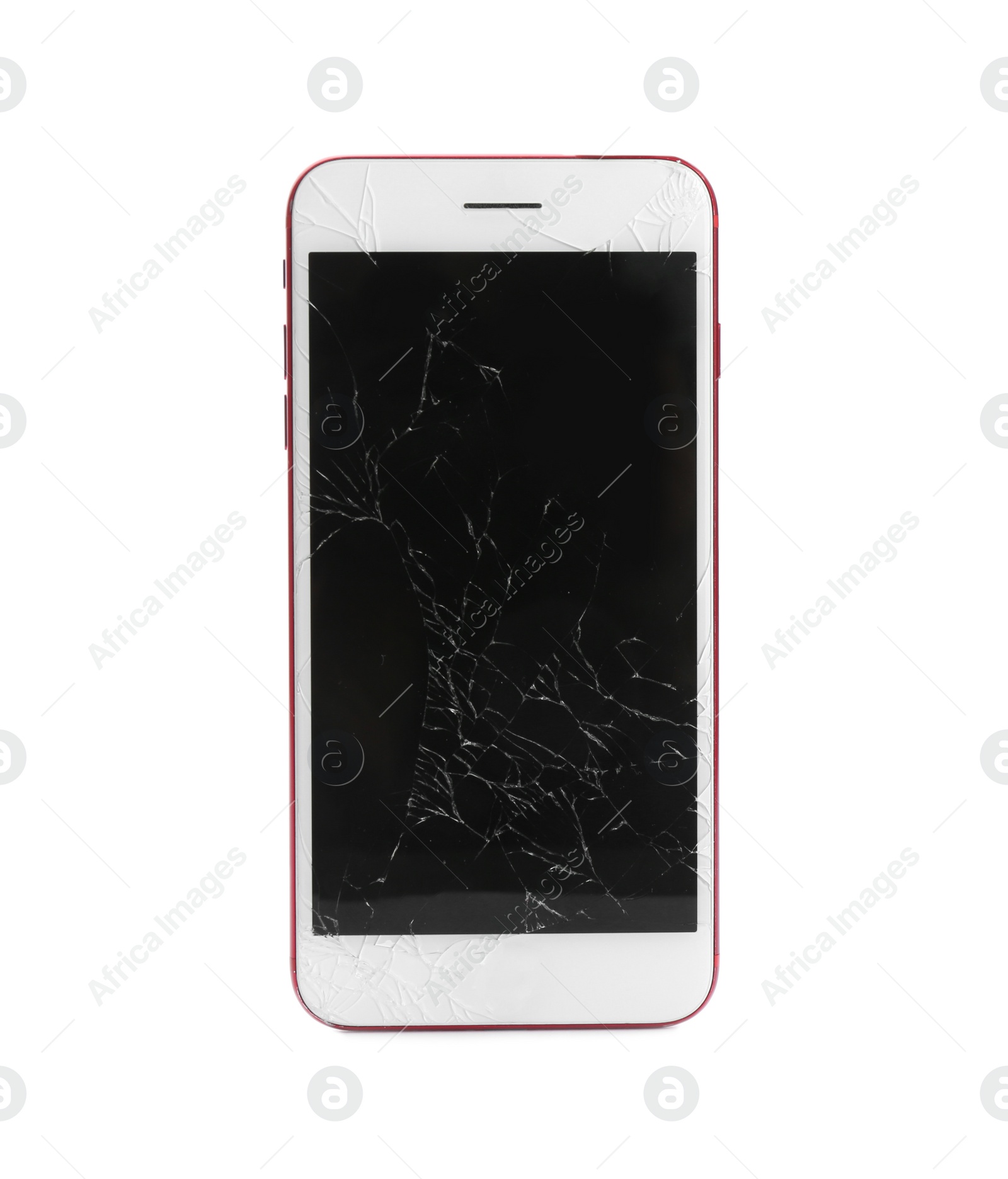Photo of Modern smartphone with broken display isolated on white. Device repair service
