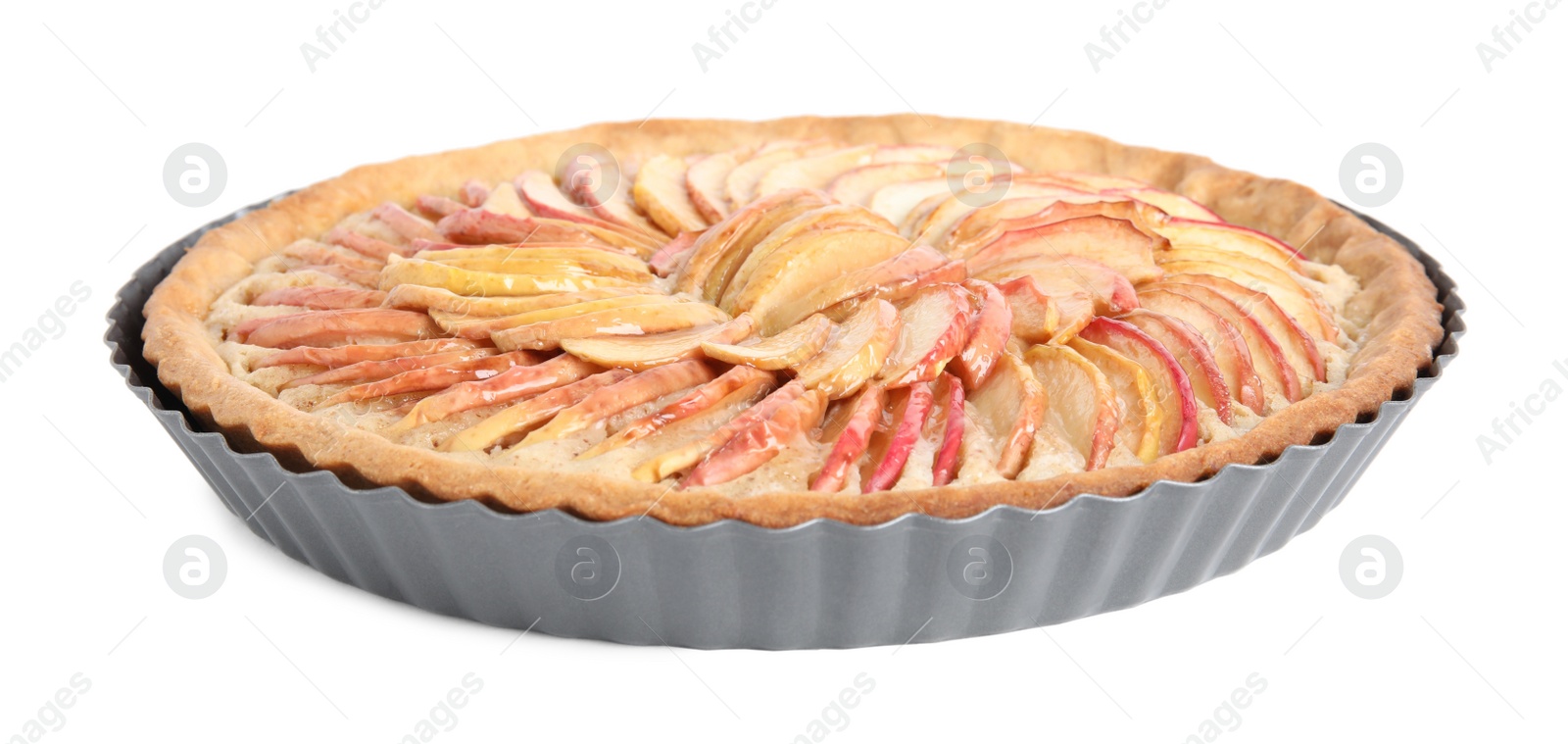 Photo of Delicious homemade apple tart isolated on white