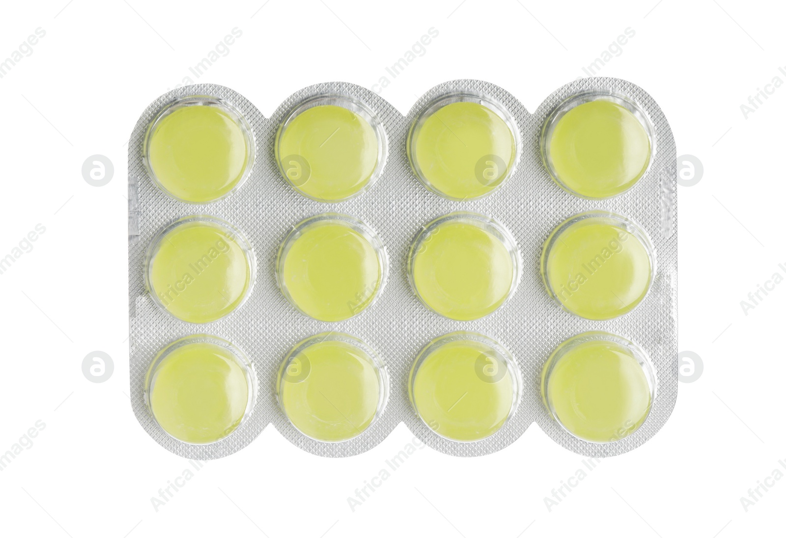 Photo of Blister with yellow cough drops isolated on white