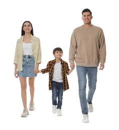 Photo of Little boy with his parents together on white background