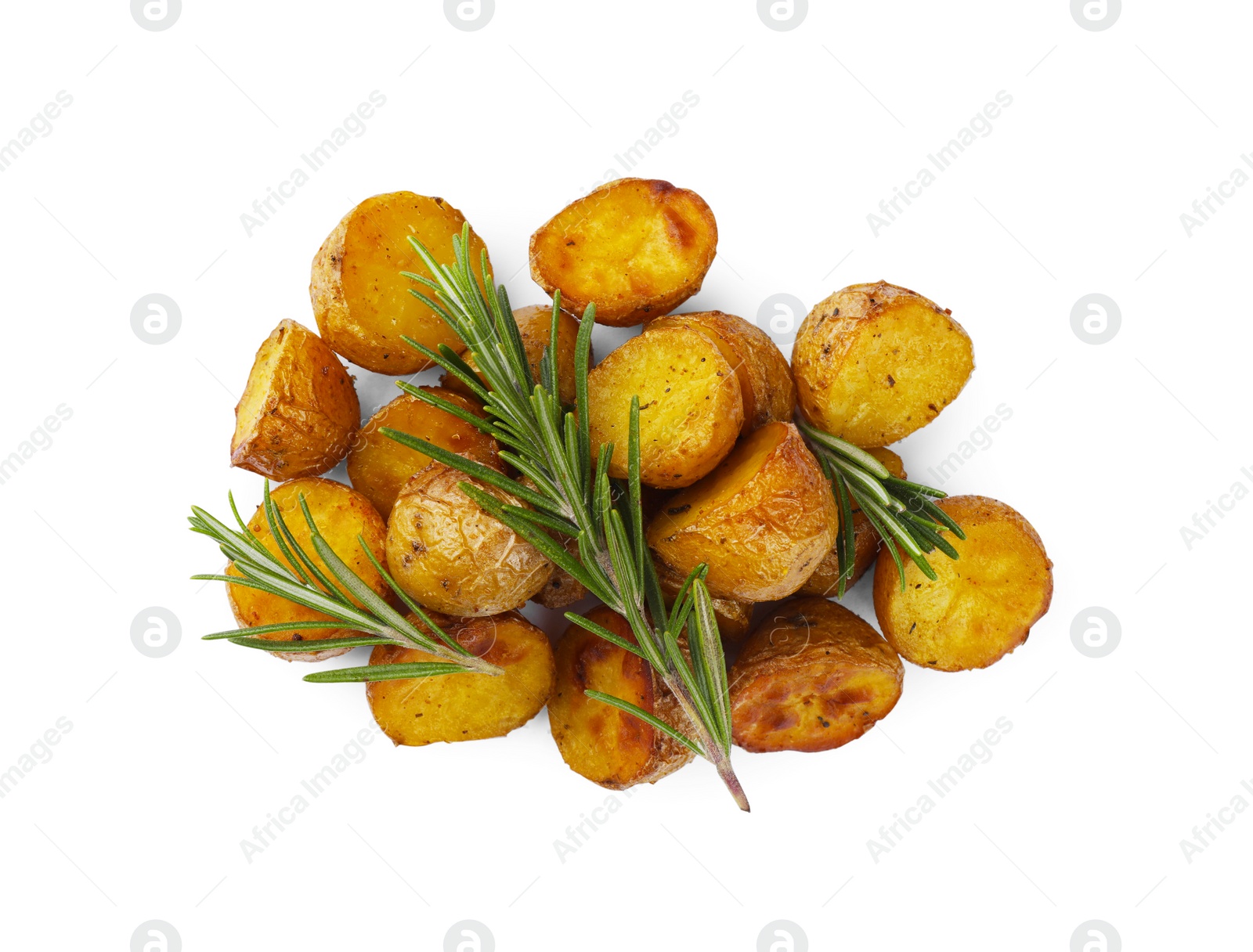 Photo of Tasty baked potato and aromatic rosemary on white background, top view