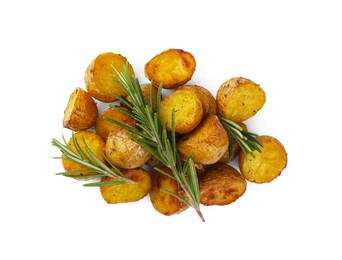 Photo of Tasty baked potato and aromatic rosemary on white background, top view