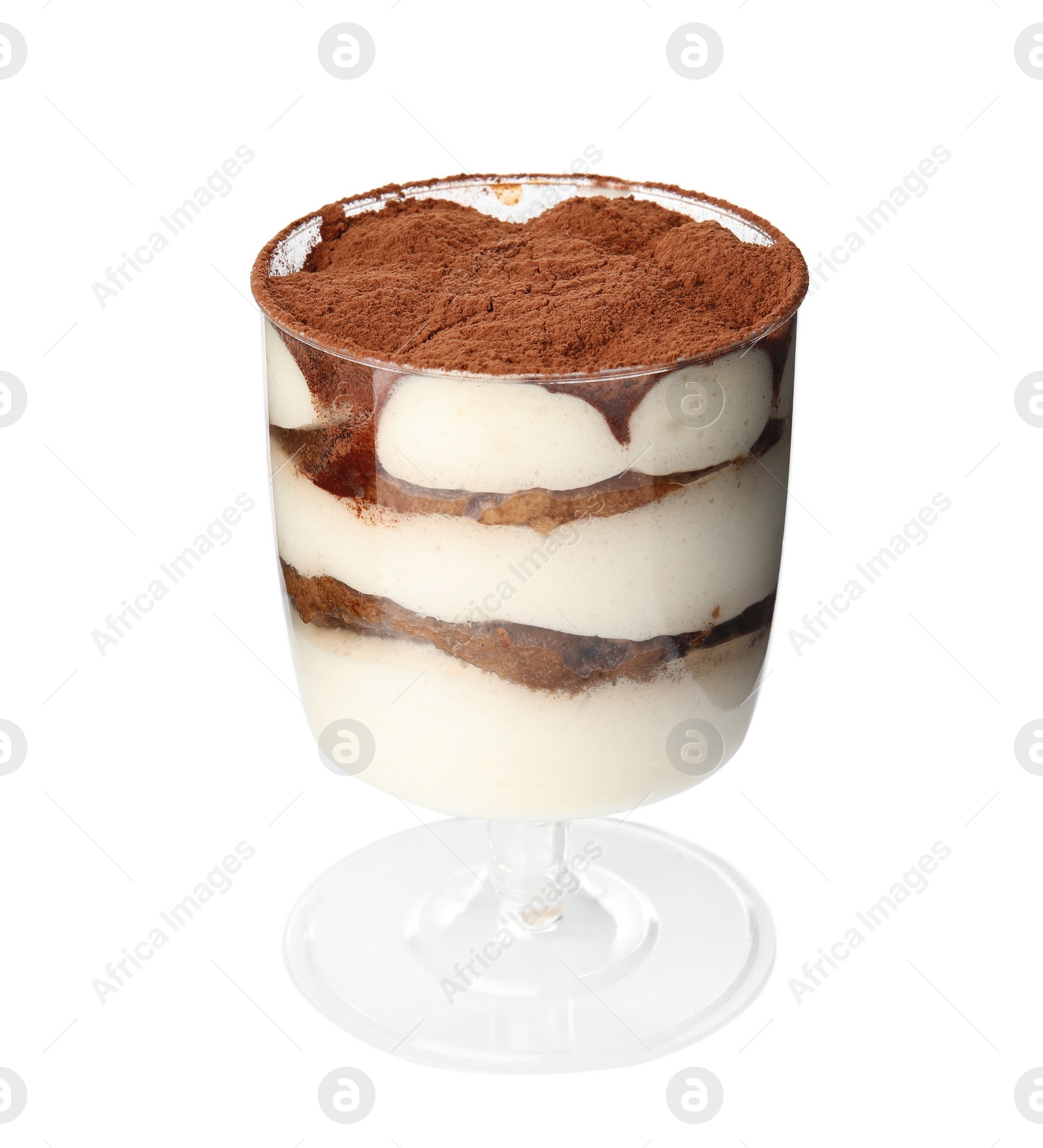 Photo of Delicious tiramisu cake in glass isolated on white