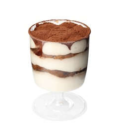 Photo of Delicious tiramisu cake in glass isolated on white