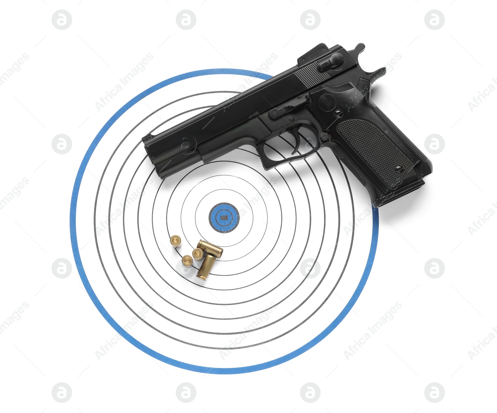 Photo of Shooting target, handgun and bullets isolated on white, top view