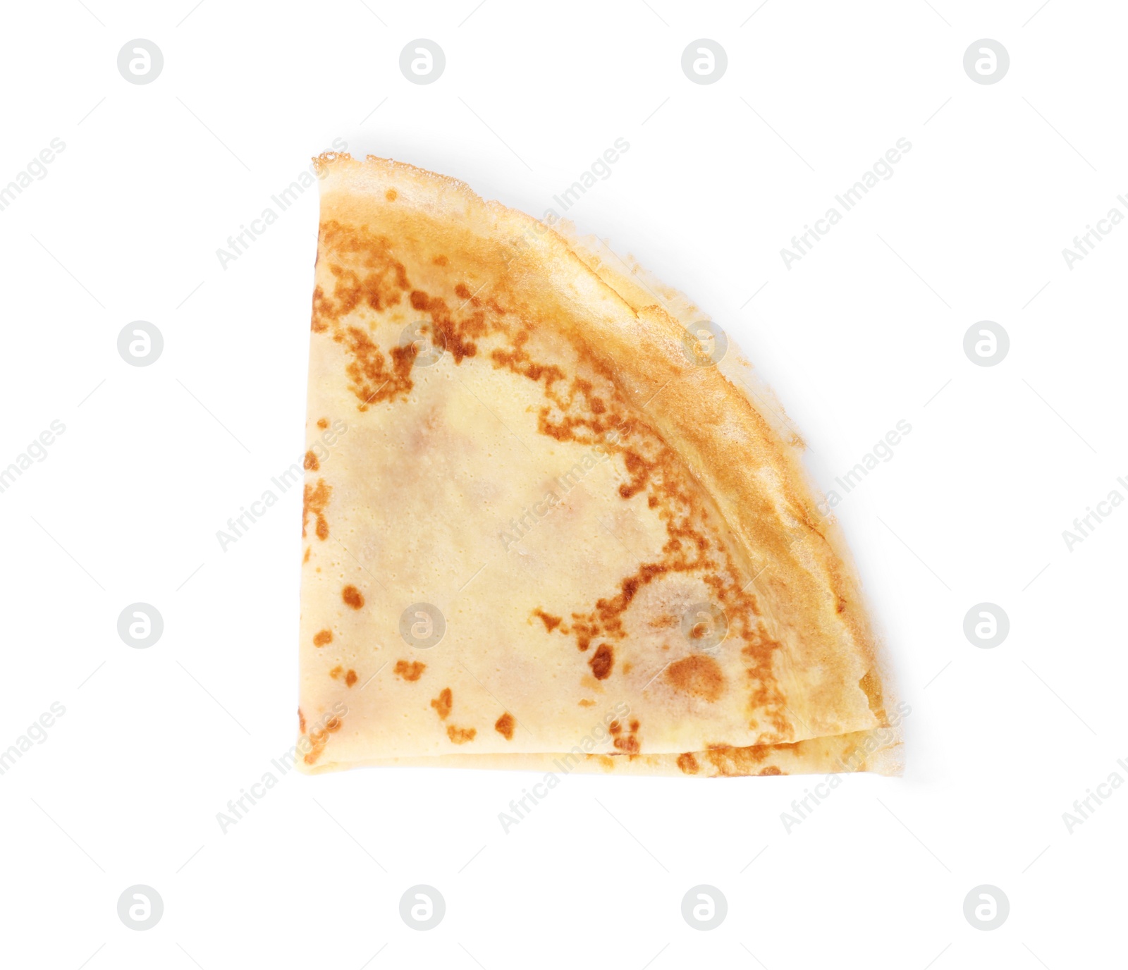 Photo of Tasty thin folded pancake on white background, top view