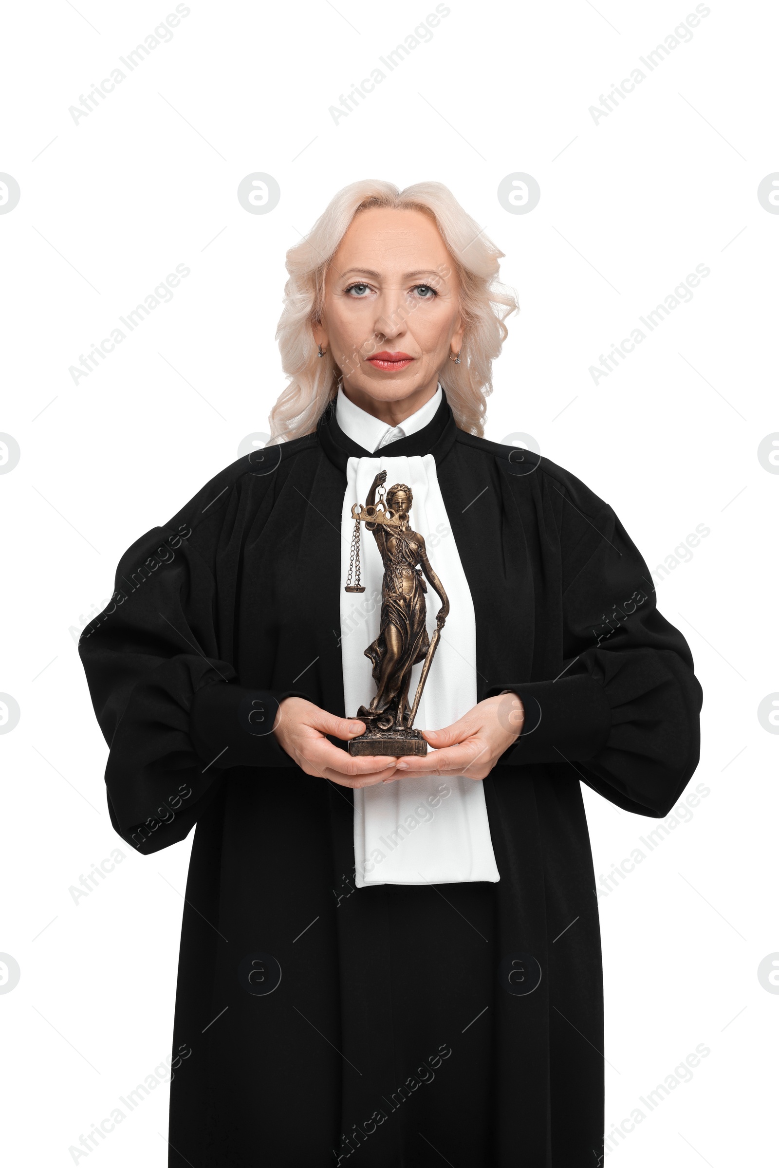 Photo of Senior judge with figure of Lady Justice on white background