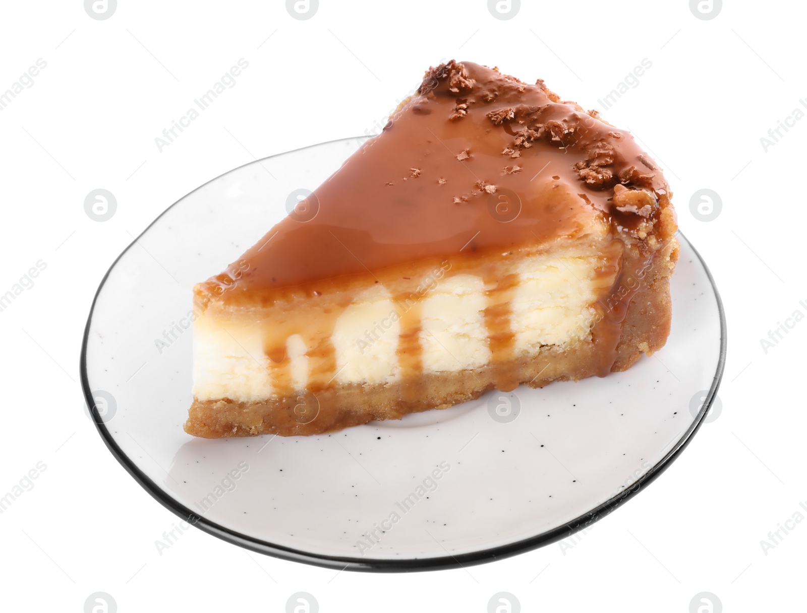 Photo of Piece of delicious cake with caramel isolated on white