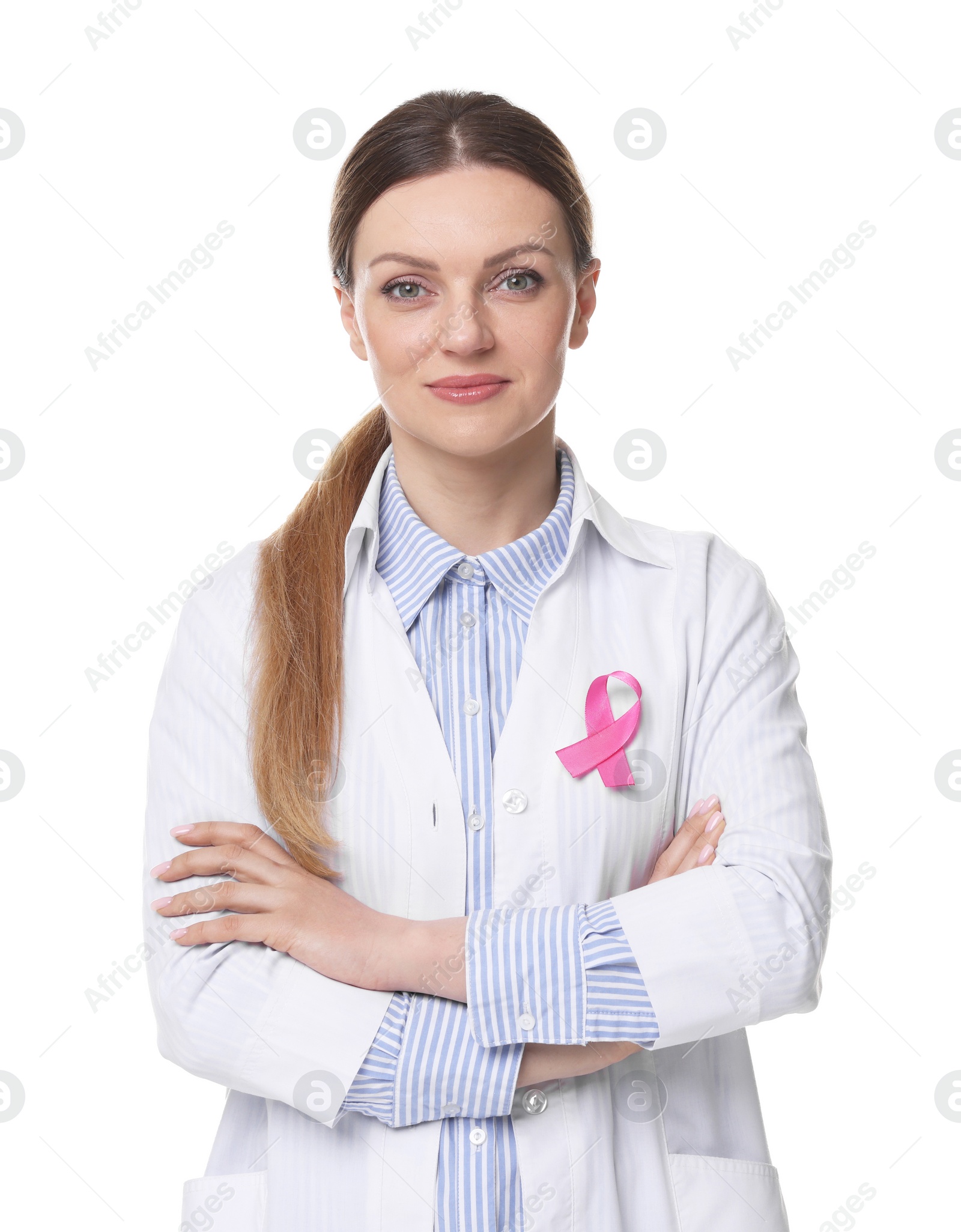 Photo of Mammologist with pink ribbon on white background. Breast cancer awareness