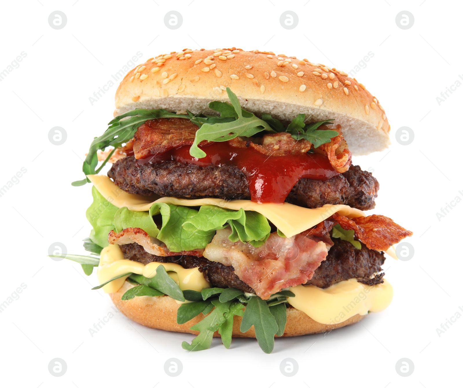 Photo of Tasty burger with bacon isolated on white