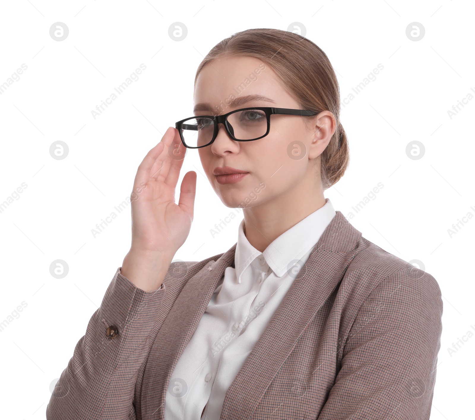 Photo of Portrait of young businesswoman on white background