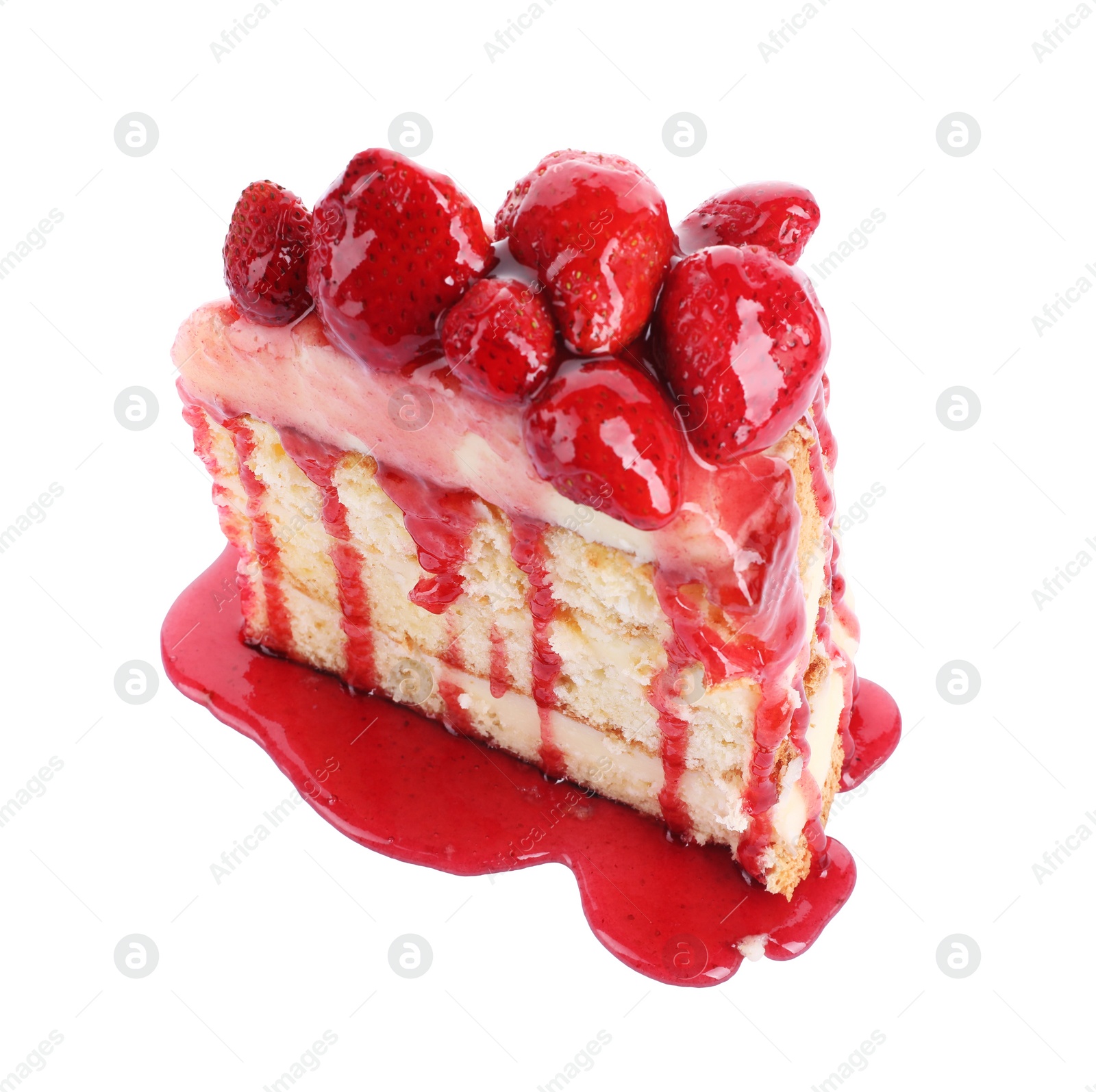 Photo of Piece of tasty cake with fresh strawberries and jam isolated on white