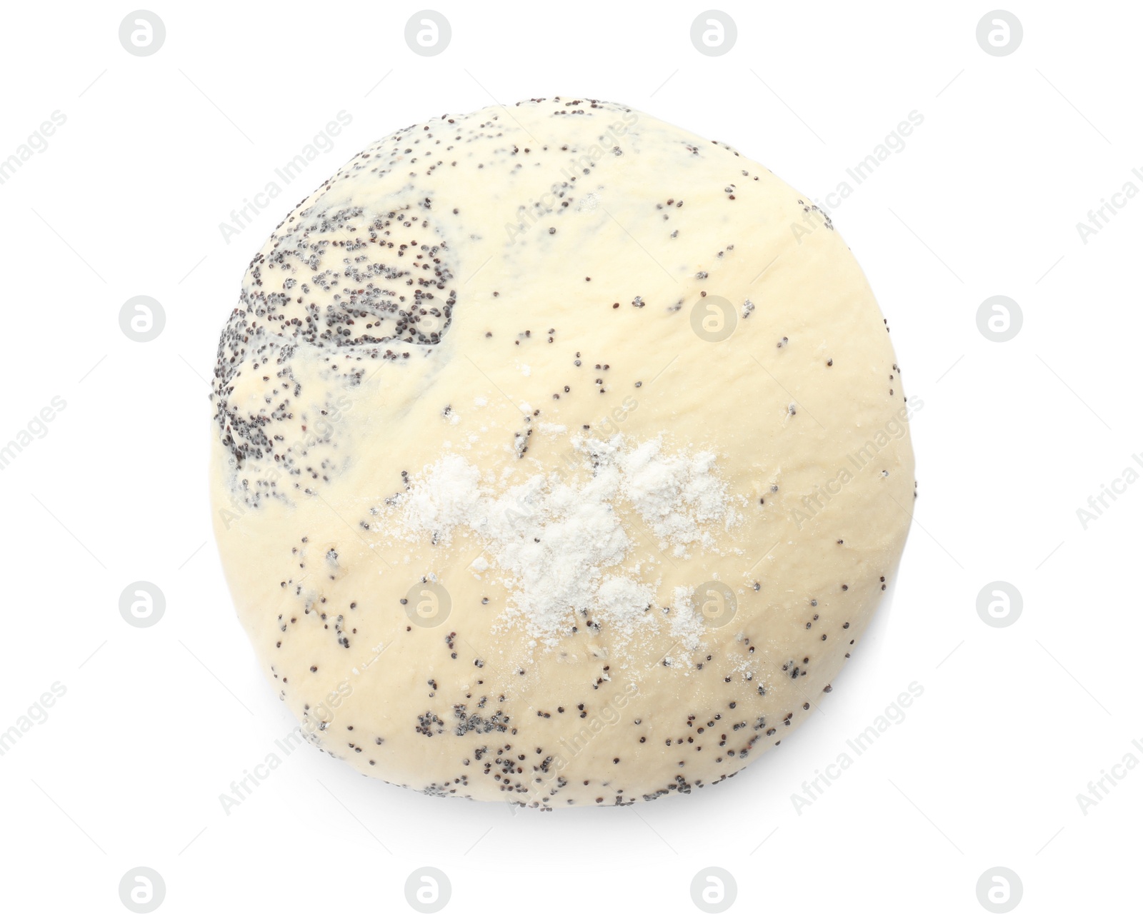 Photo of Raw dough with poppy seeds on white background, top view