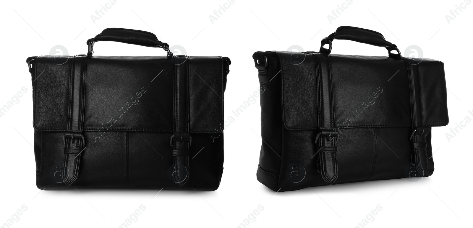 Image of Stylish black leather briefcases on white background, collage. Banner design