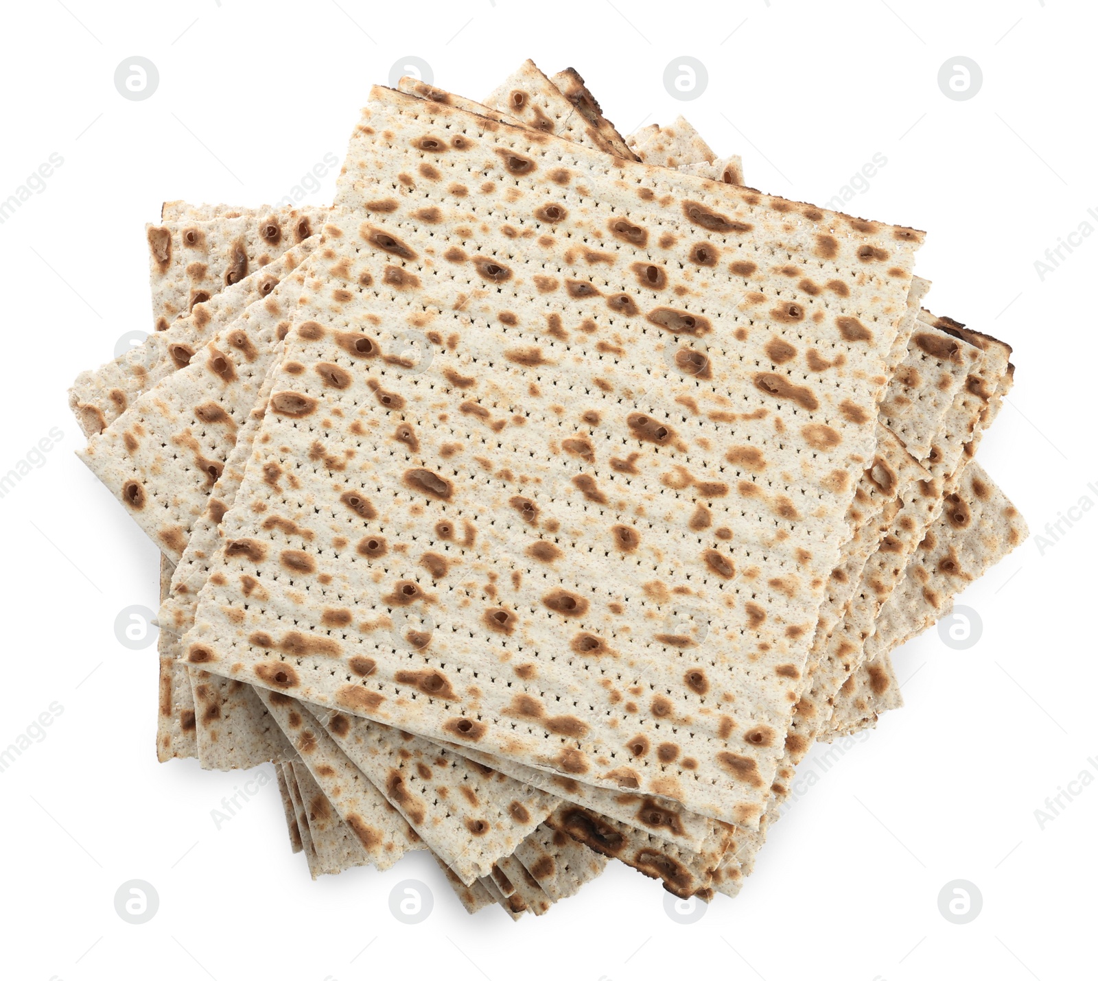 Photo of Passover matzos isolated on white, top view. Pesach celebration