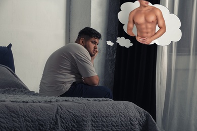 Image of Overweight man dreaming about muscular body at home. Weight loss concept