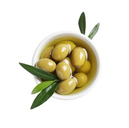 Photo of Bowl with fresh olives in oil on white background, top view