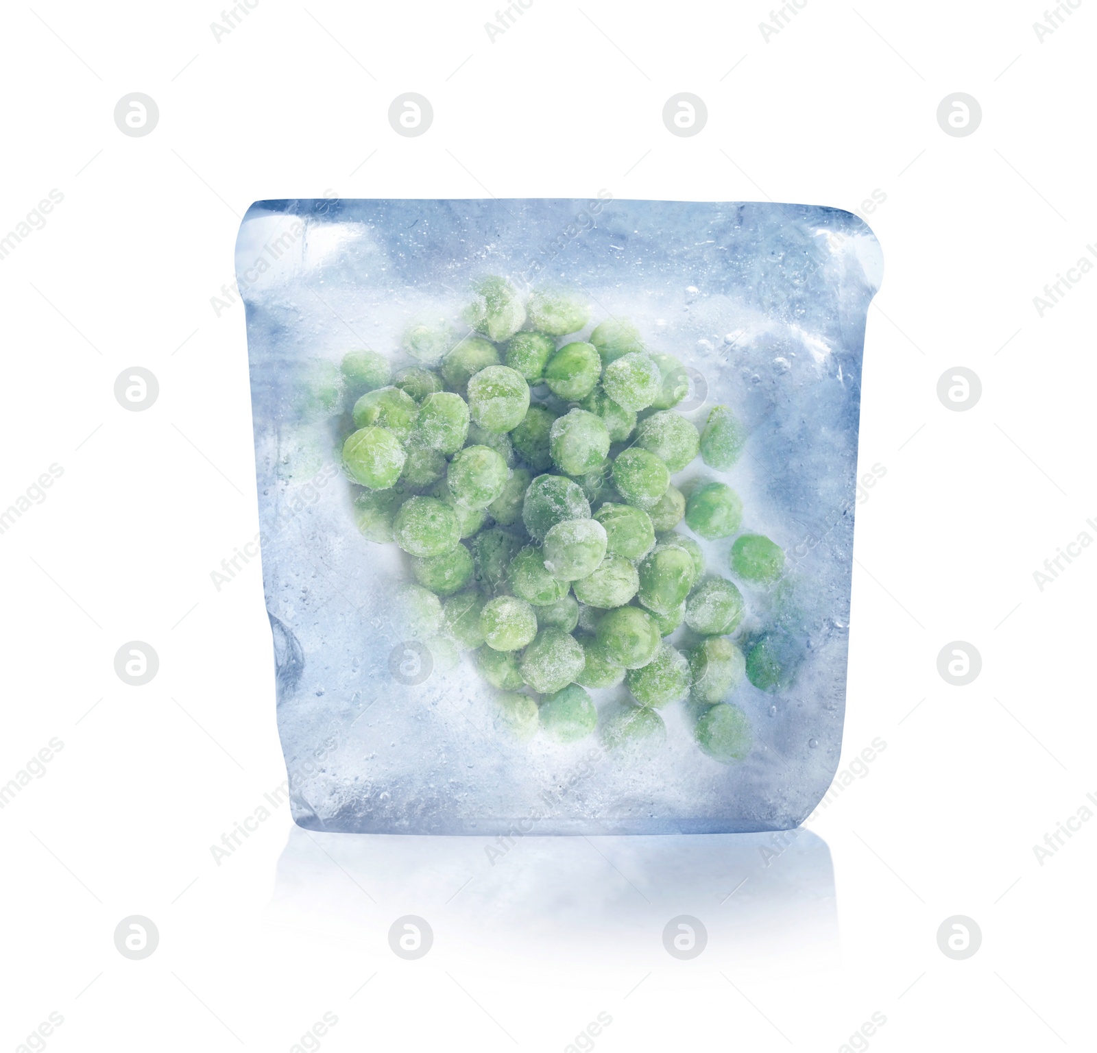 Image of Frozen food. Raw green peas in ice cube isolated on white