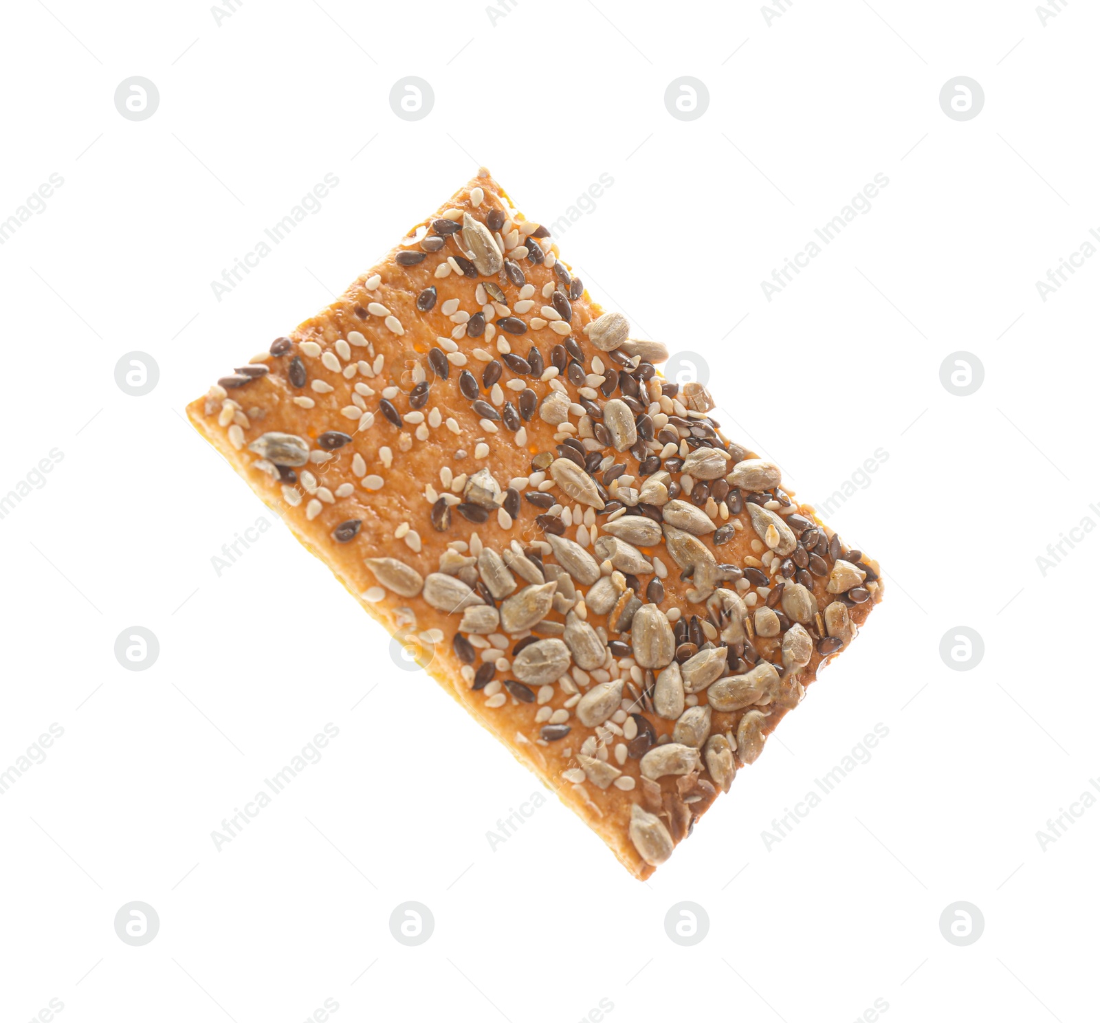 Photo of Delicious crispy cracker with different seeds isolated on white