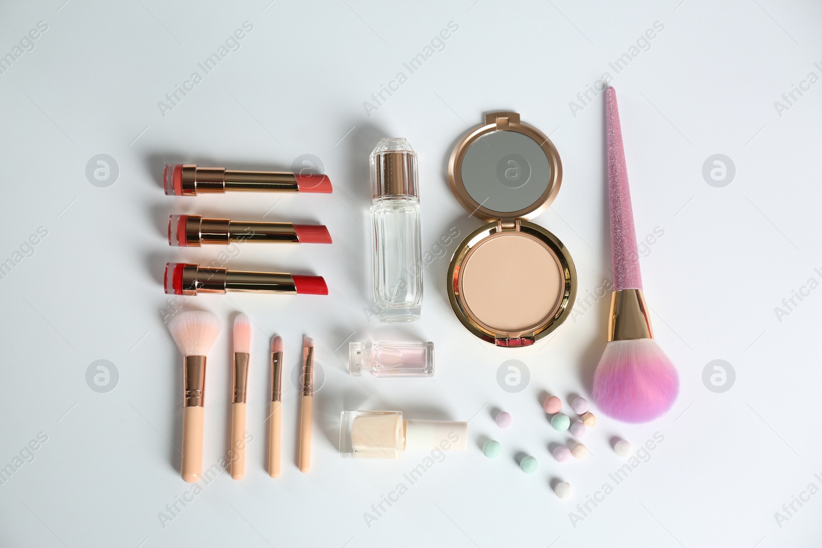 Photo of Flat lay composition with different beauty accessories on white background
