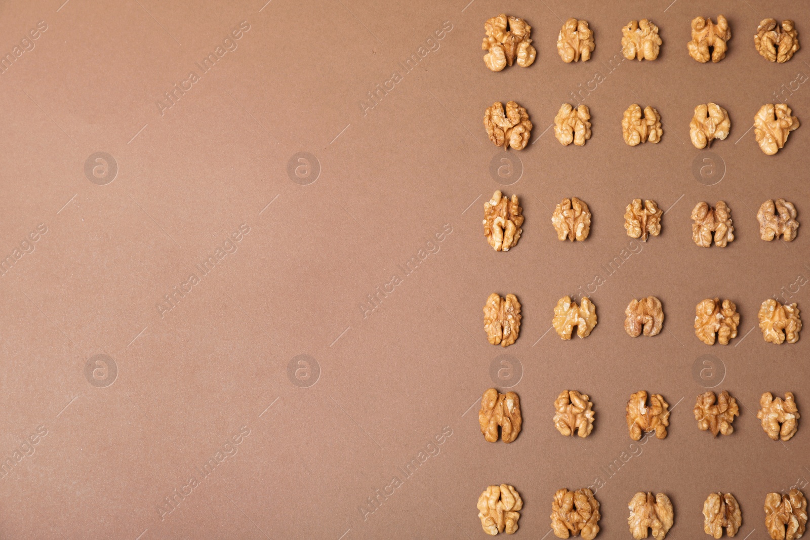 Photo of Tasty walnuts on color background, flat lay with space for text