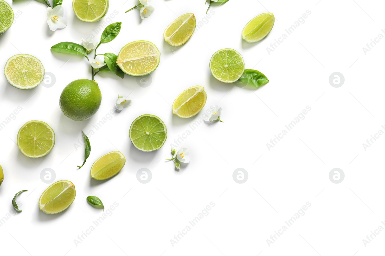 Photo of Composition with fresh ripe limes on white background, top view