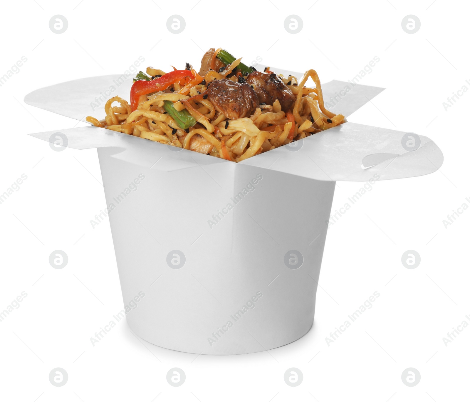 Photo of Box of wok noodles with vegetables and meat isolated on white