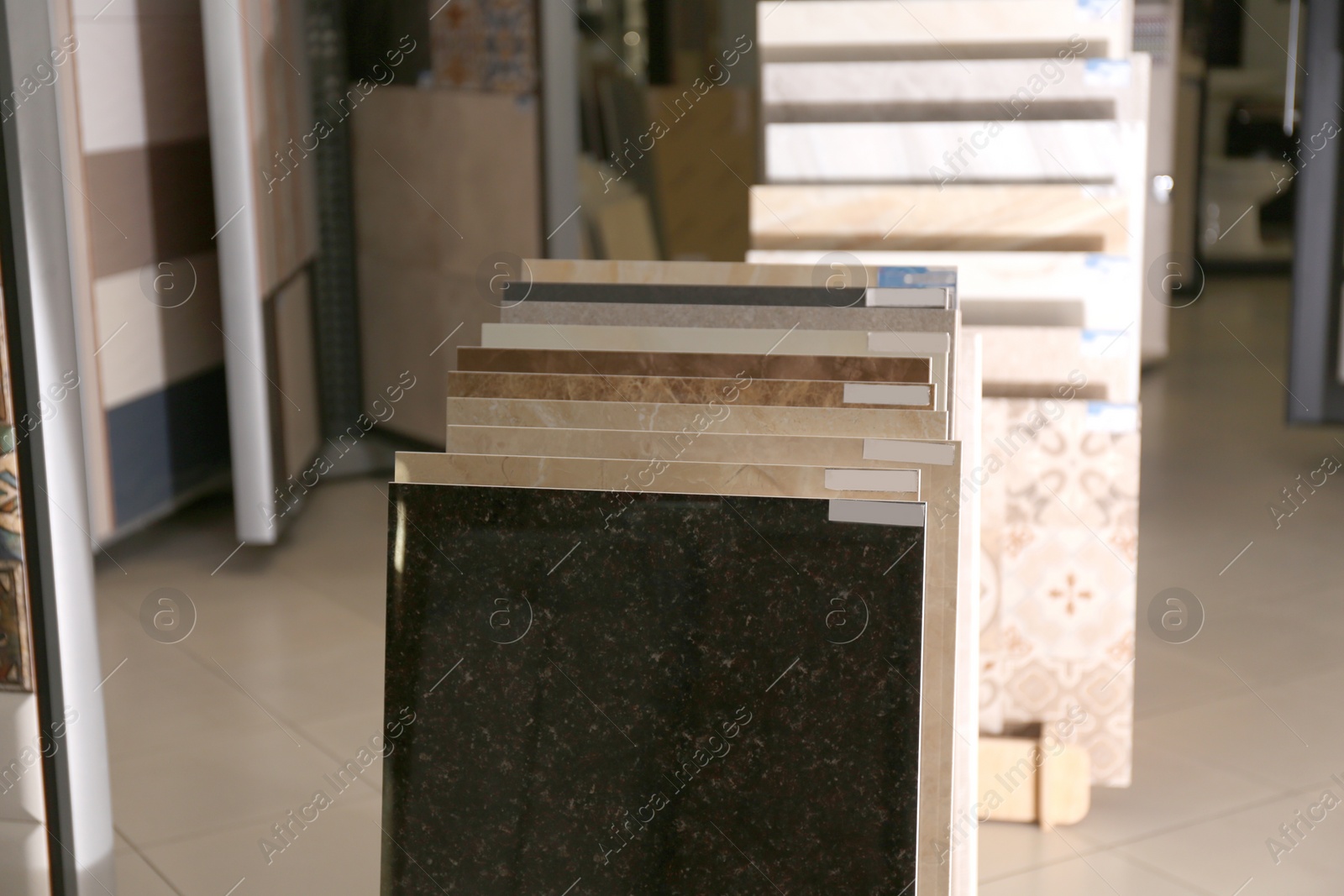 Photo of Various ceramic tile samples in store. Total wholesale