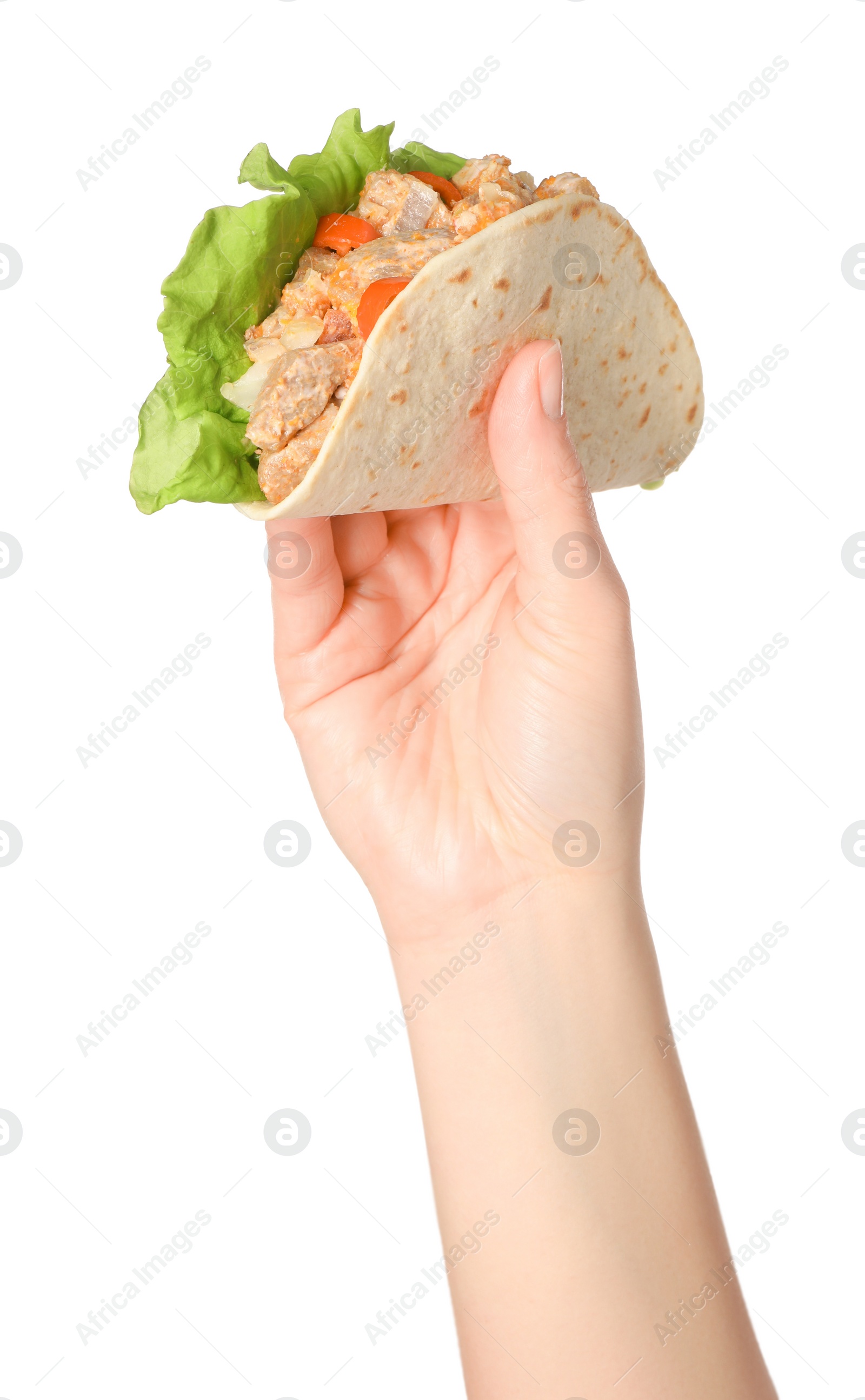 Photo of Woman holding delicious taco with meat and vegetables on white background, closeup