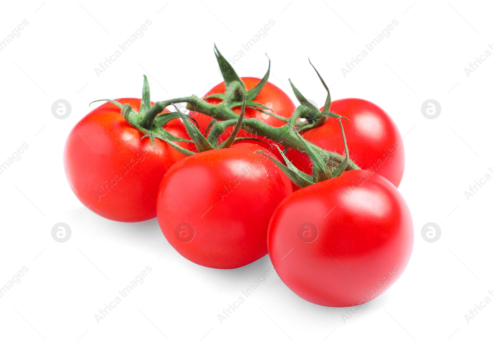 Photo of Branch of fresh cherry tomatoes isolated on white