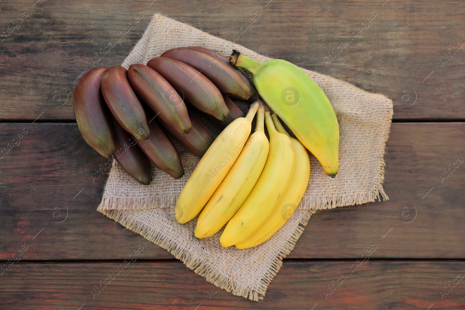 Photo of Different sorts of bananas on wooden table, top view