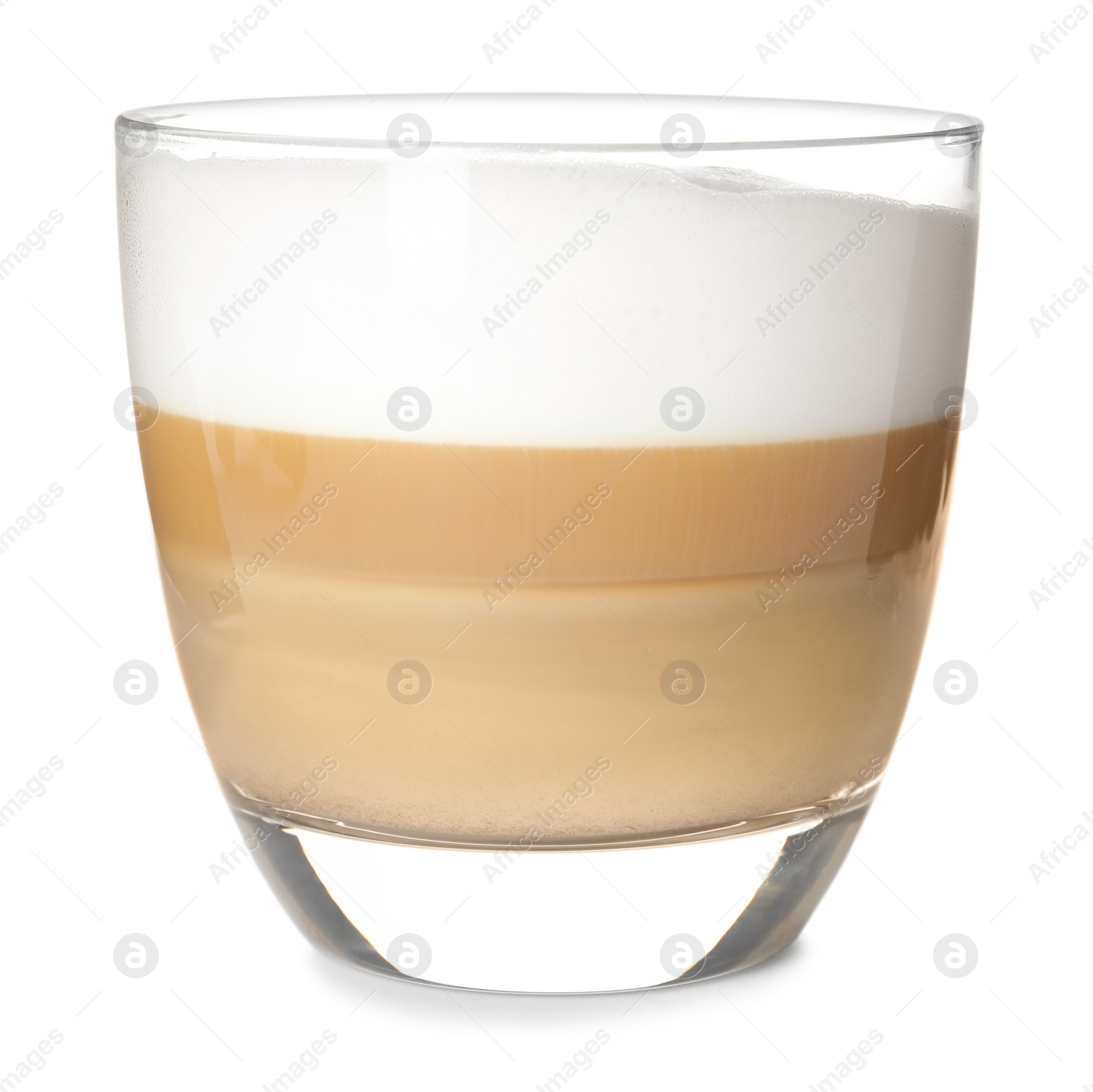 Photo of Glass of delicious latte macchiato isolated on white