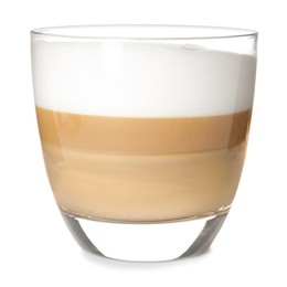 Glass of delicious latte macchiato isolated on white