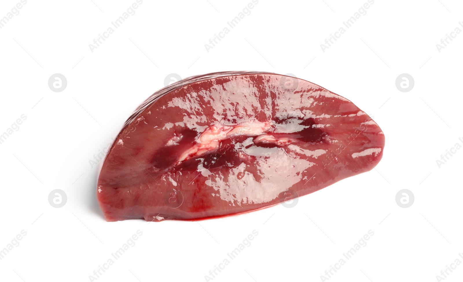 Photo of Cut fresh raw pork kidney on white background