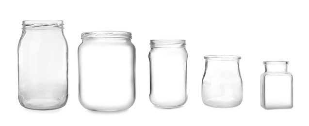 Image of Set with open empty glass jars on white background. Banner design