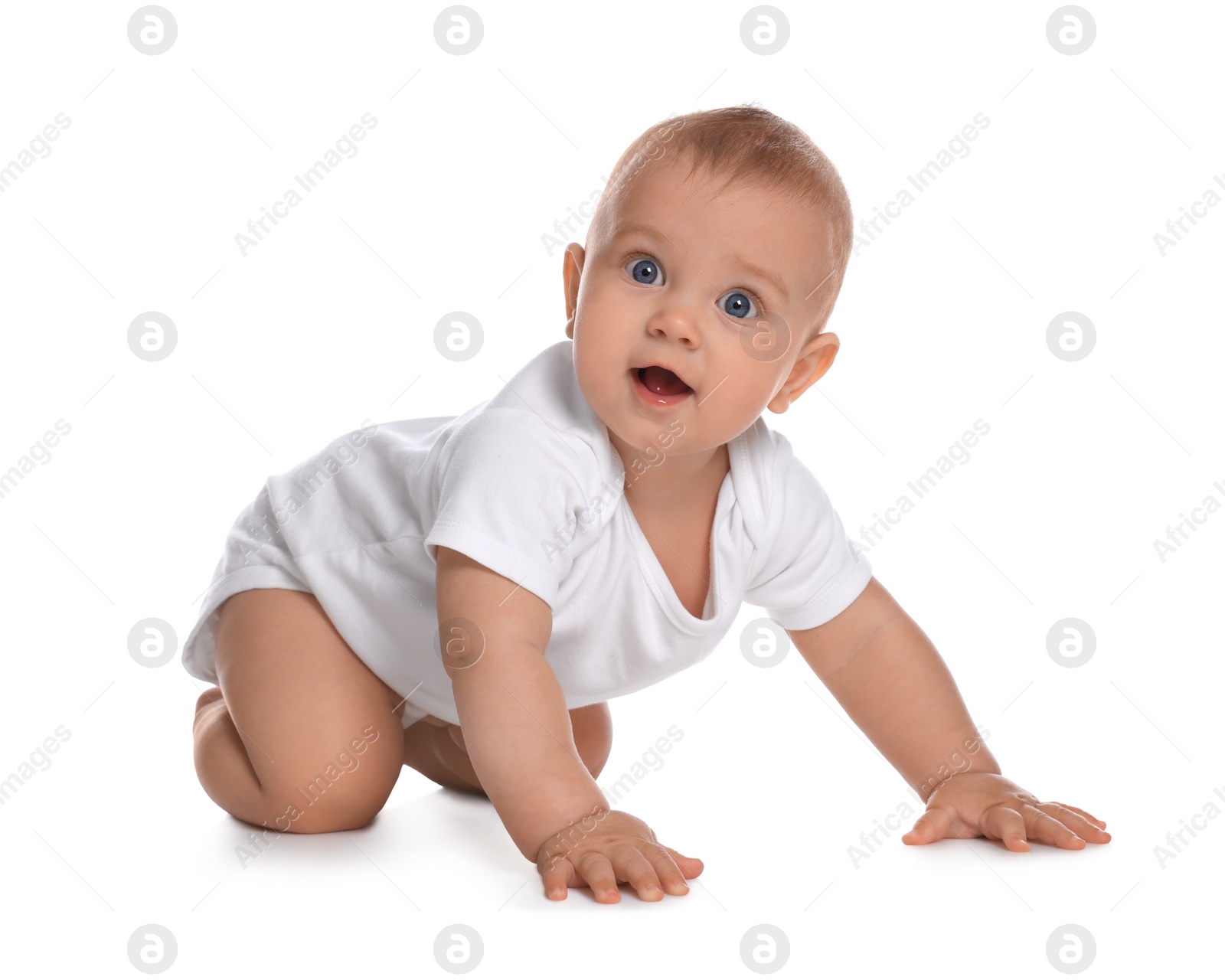 Photo of Cute little baby crawling on white background