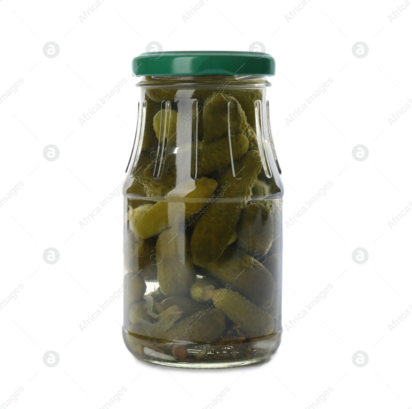 Photo of Glass jar with pickled cucumbers isolated on white