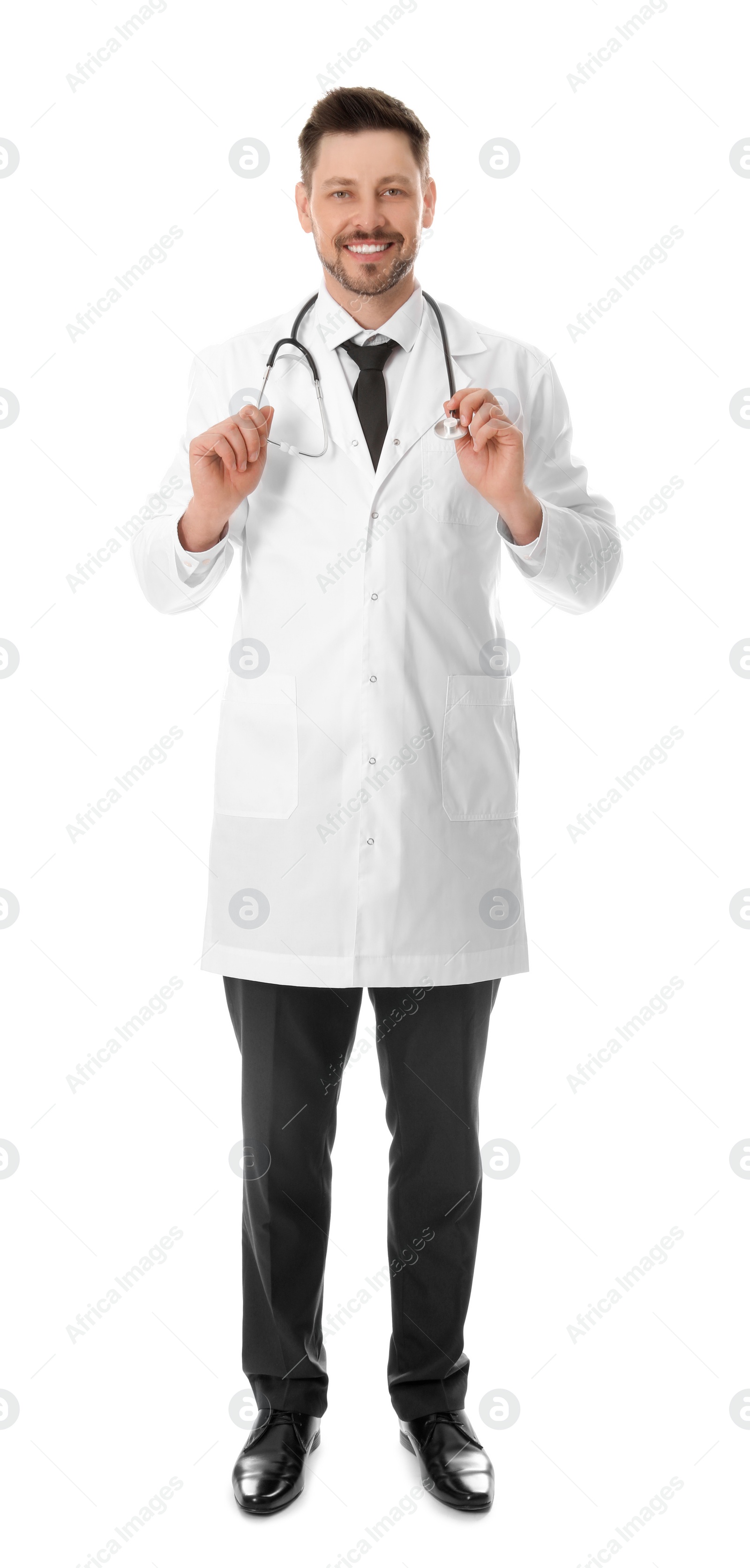 Photo of Full length portrait of smiling male doctor isolated on white. Medical staff