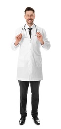 Photo of Full length portrait of smiling male doctor isolated on white. Medical staff